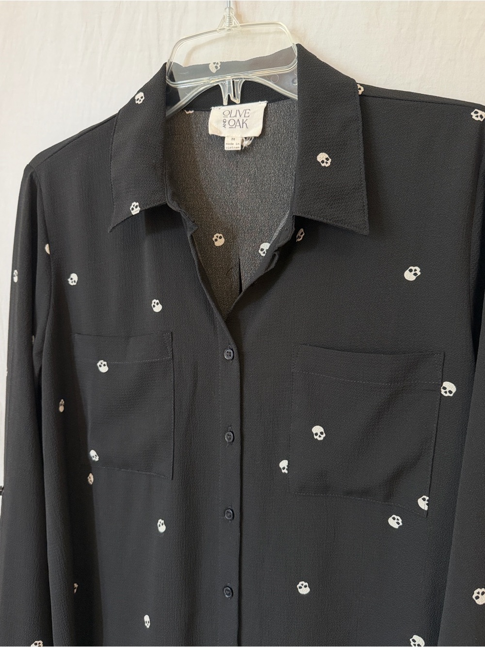 Black Skull Button Front Blouse Roll Tab Sleeve